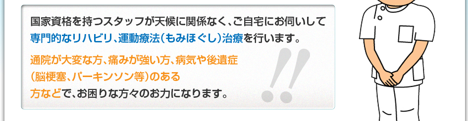 国家資格を持つスタッフが天候に関係なく、ご自宅にお伺いして専門的なリハビリ、運動療法(もみほぐし)治療を行います。通院が大変な方、痛みが強い方、病気や後遺症(脳梗塞、パーキンソン等)のある方などで、お困りな方々のお力になります。